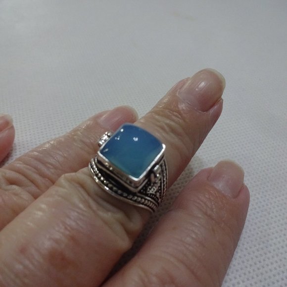 Unique "BLUE CHALCEDONY" POISON BOX Handmade Sterling Ring Size 8.25 #747A - Picture 1 of 3